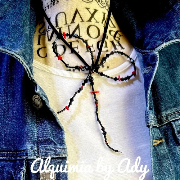 Babydoll choker Onyx/red coral/suede short necklace/bow silhouette adjustable - Picture 2 of 5